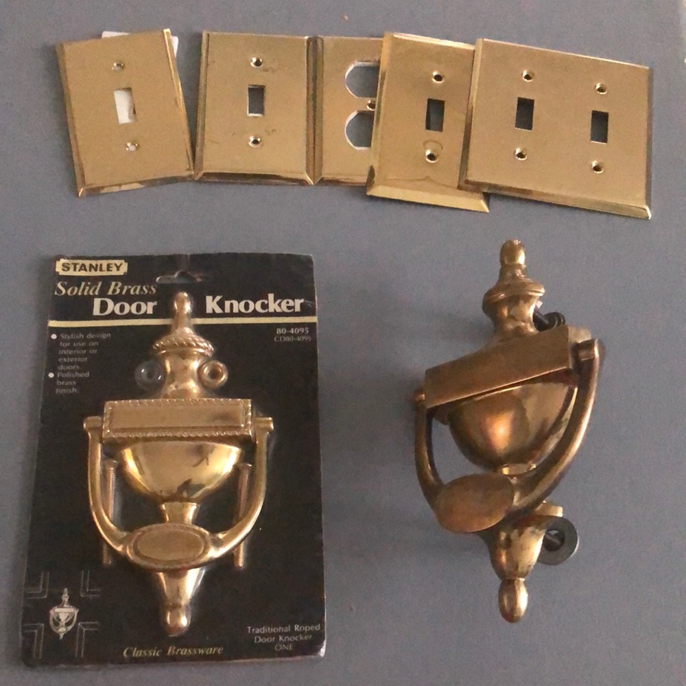 7-Pieces…Stanley Solid Brass Door Knocker and Switch Plates - Gold